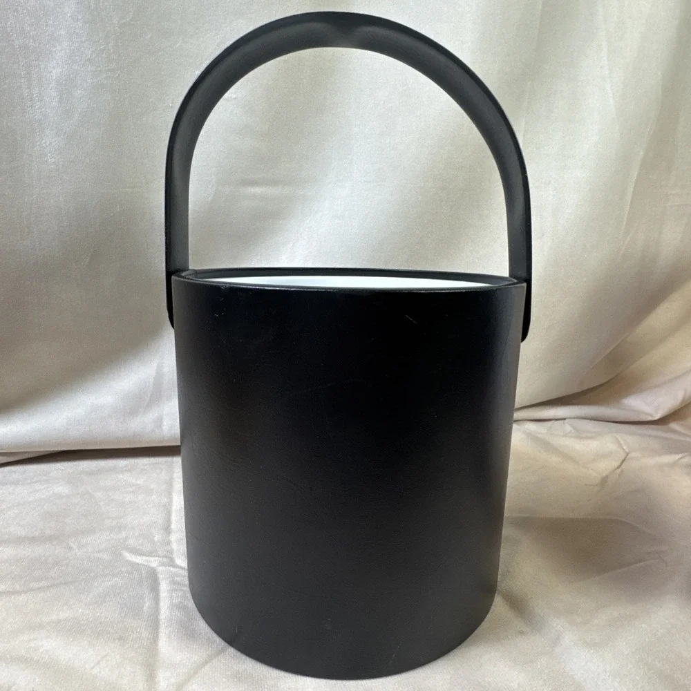 Vintage Black Faux Leather Ice Bucket with Lid‎ and Handle Mid Century Barware